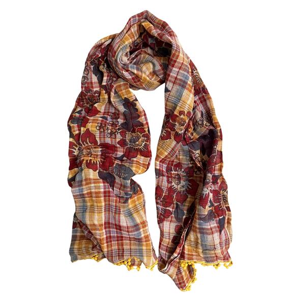 Eddie Bauer Plaid Floral Scarf Tassel Trim Boho Fall Lightweight Cotton Wrap OS - Picture 4 of 8